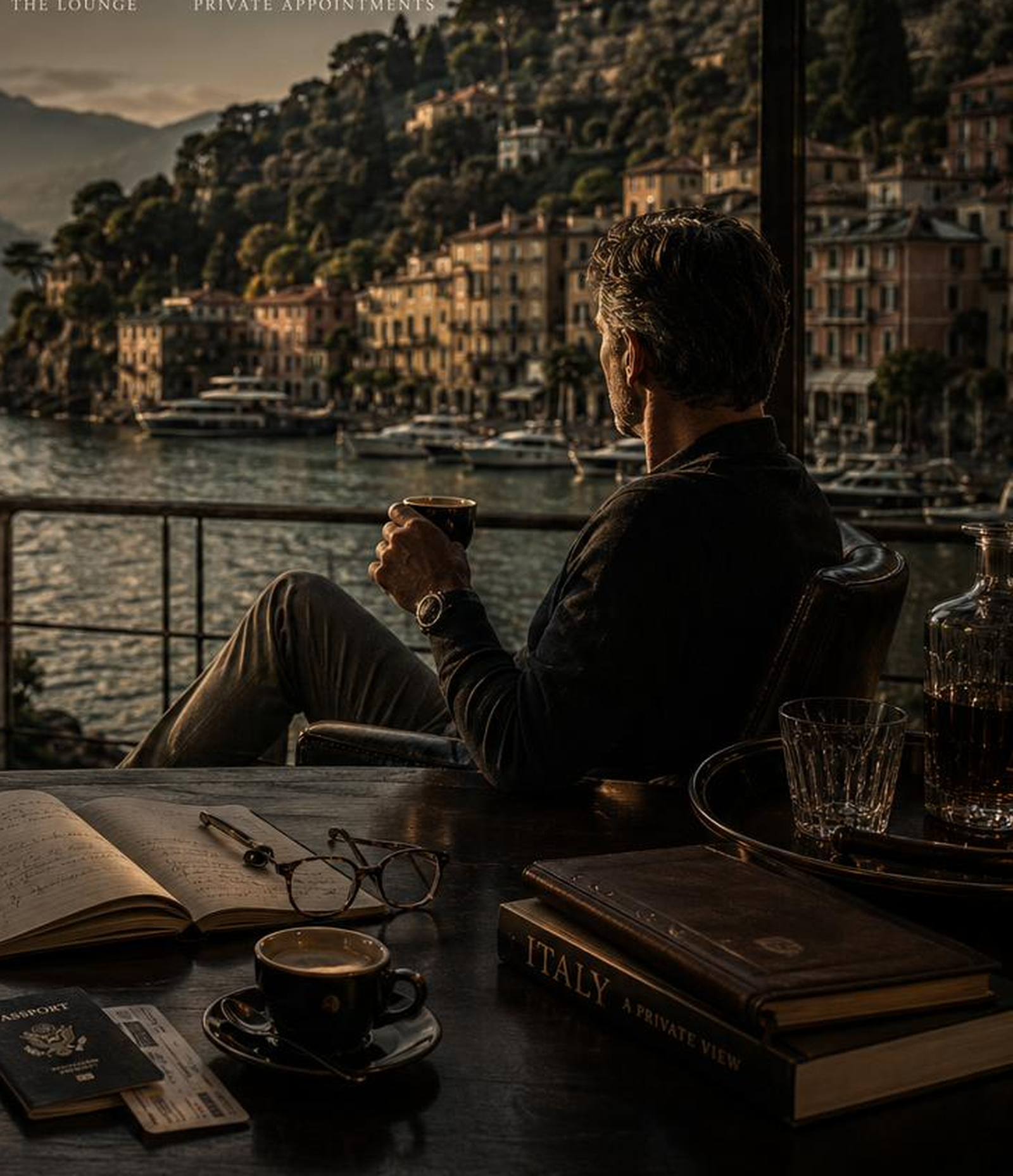 A balcony above a quiet coast at golden hour.